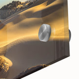 Large abstract wall art featuring a mid-century modernist Algerian landscape in muted earth tones, printed on acrylic glass.