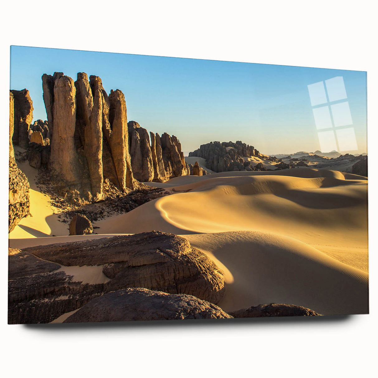 Large abstract wall art of an Algerian landscape in muted earth tones on acrylic glass.