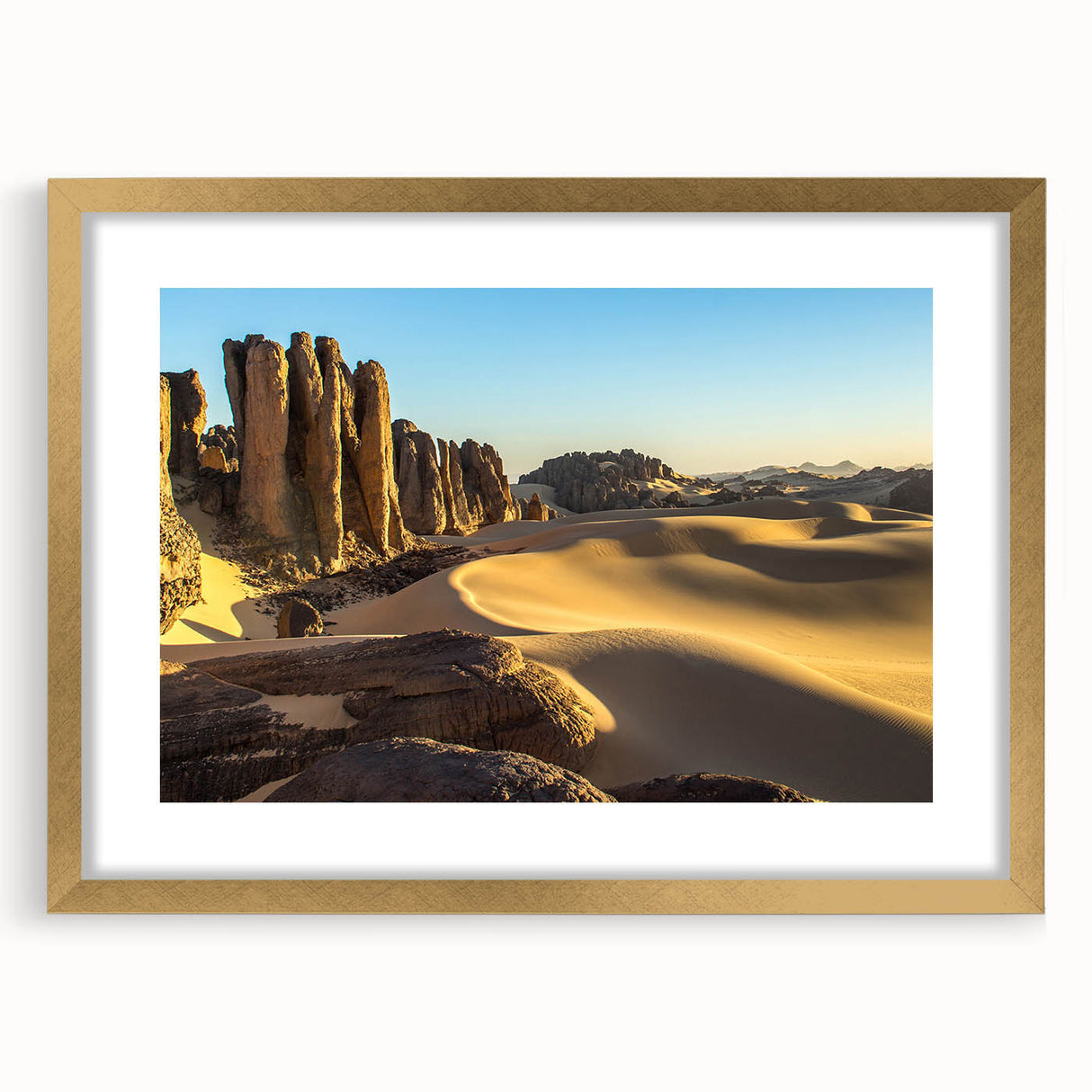 Textured abstract art print depicting Algerian scenery in gold frame, ideal for bedroom art.