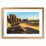 Textured abstract art print depicting Algerian scenery in gold frame, ideal for bedroom art.