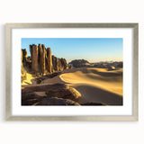 Abstract art print of Algerian scenery in silver frame, using cool tones, ideal for dining room decor.
