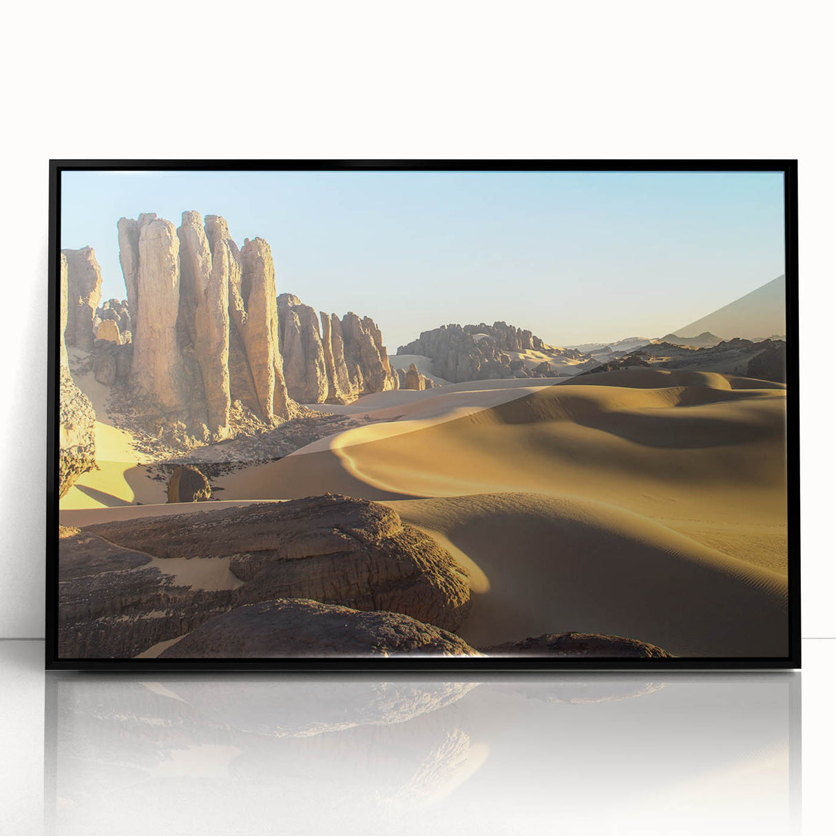 Large abstract wall art depicting an Algerian landscape in muted earth tones on a framed acrylic.
