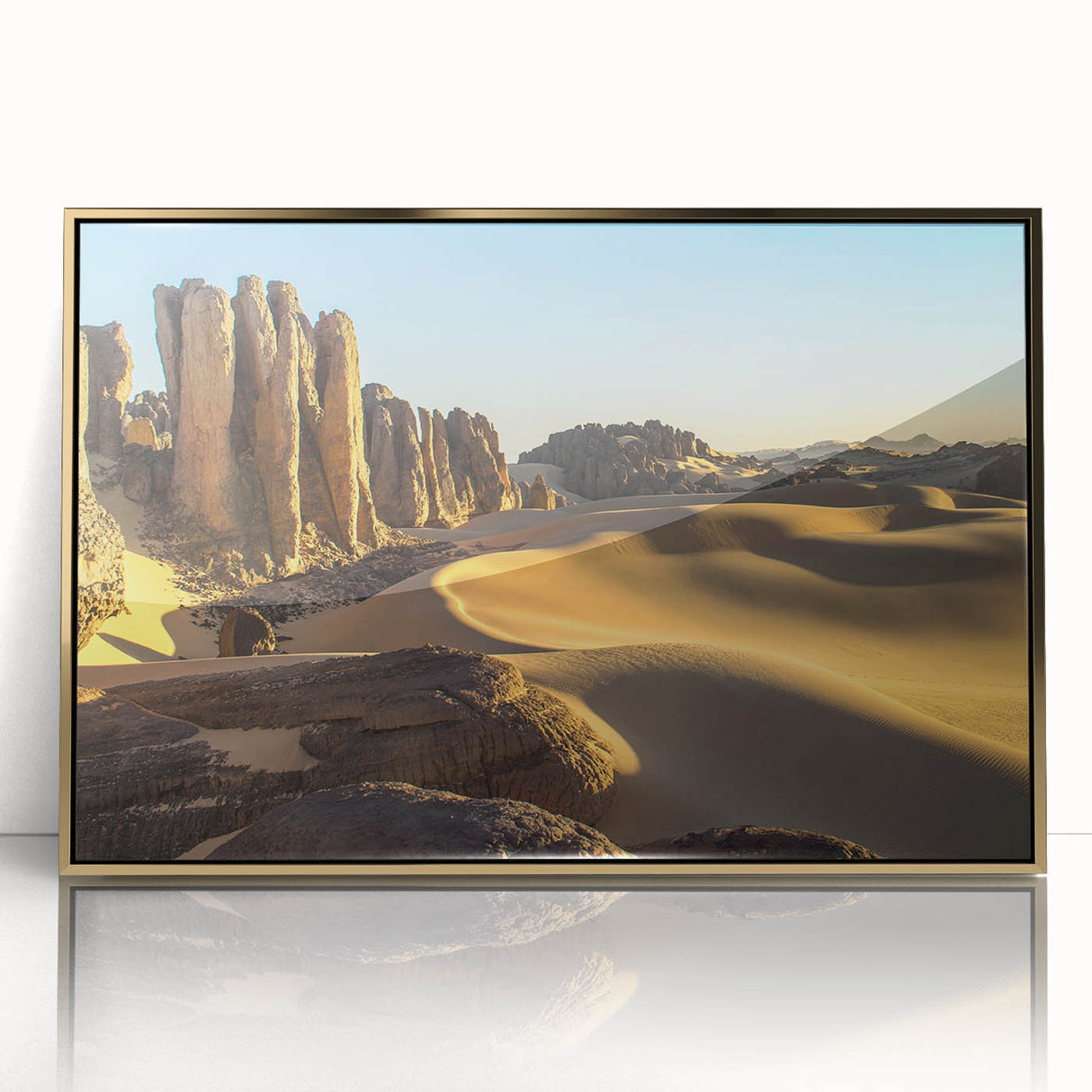 Art Deco style poster of an Algerian landscape on gold-framed acrylic, featuring earthy tones, ideal for nursery wall art.