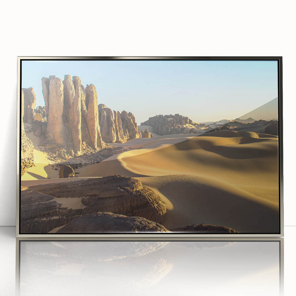 Large art print of an Algerian landscape in muted earth tones on framed acrylic, suitable for modern nursery decor.