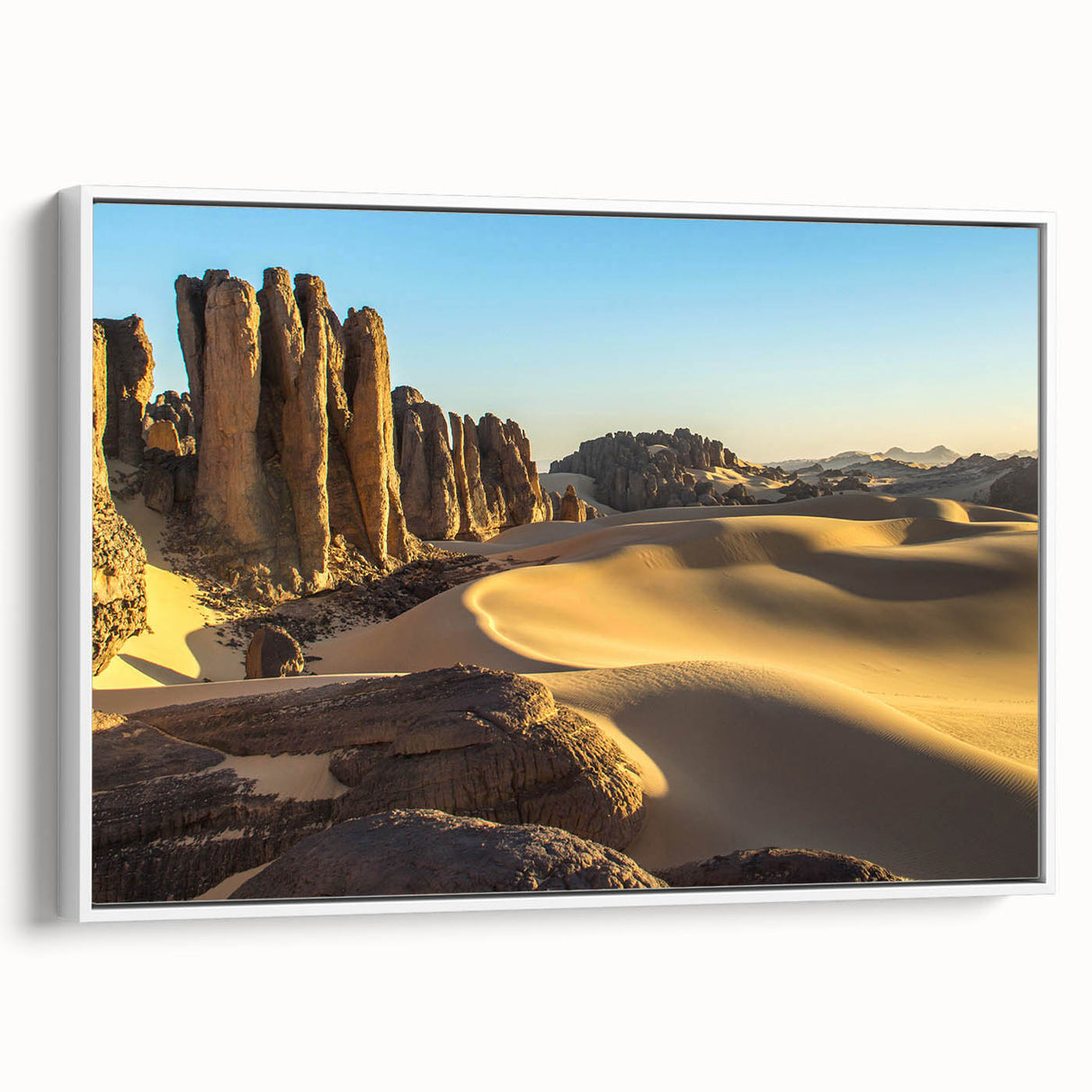 Framed canvas featuring a vintage-style landscape of an Algerian scene in black and white, ideal for bedroom wall art.