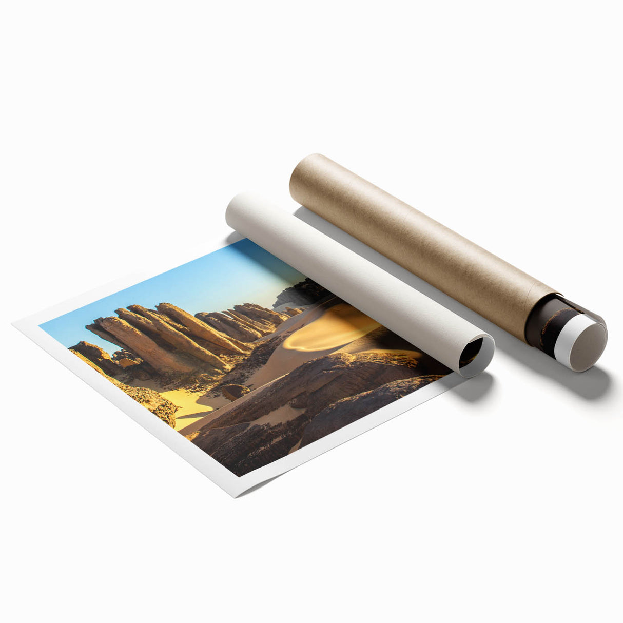 Extra large rolled print featuring a serene Algerian landscape with floral elements in soft earth tones.