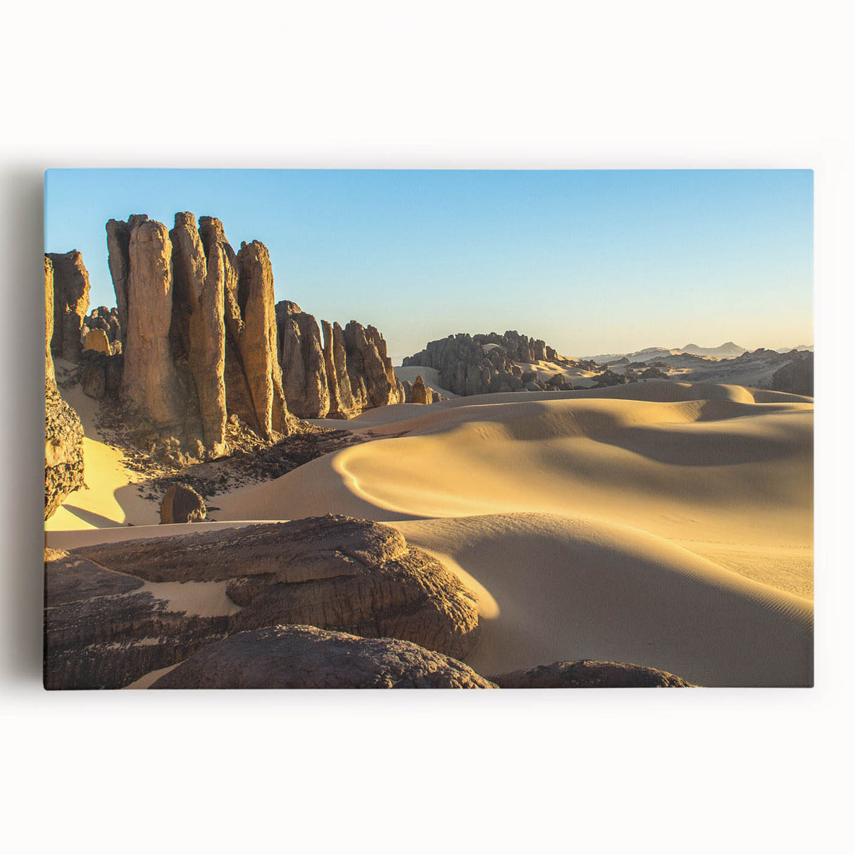 Large black and white stretched canvas depicting the Algerian desert, ideal for kitchen wall art.