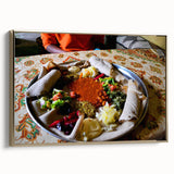 Framed canvas depicting a colorful Ethiopian landscape, ideal for adding a vintage touch to any room.