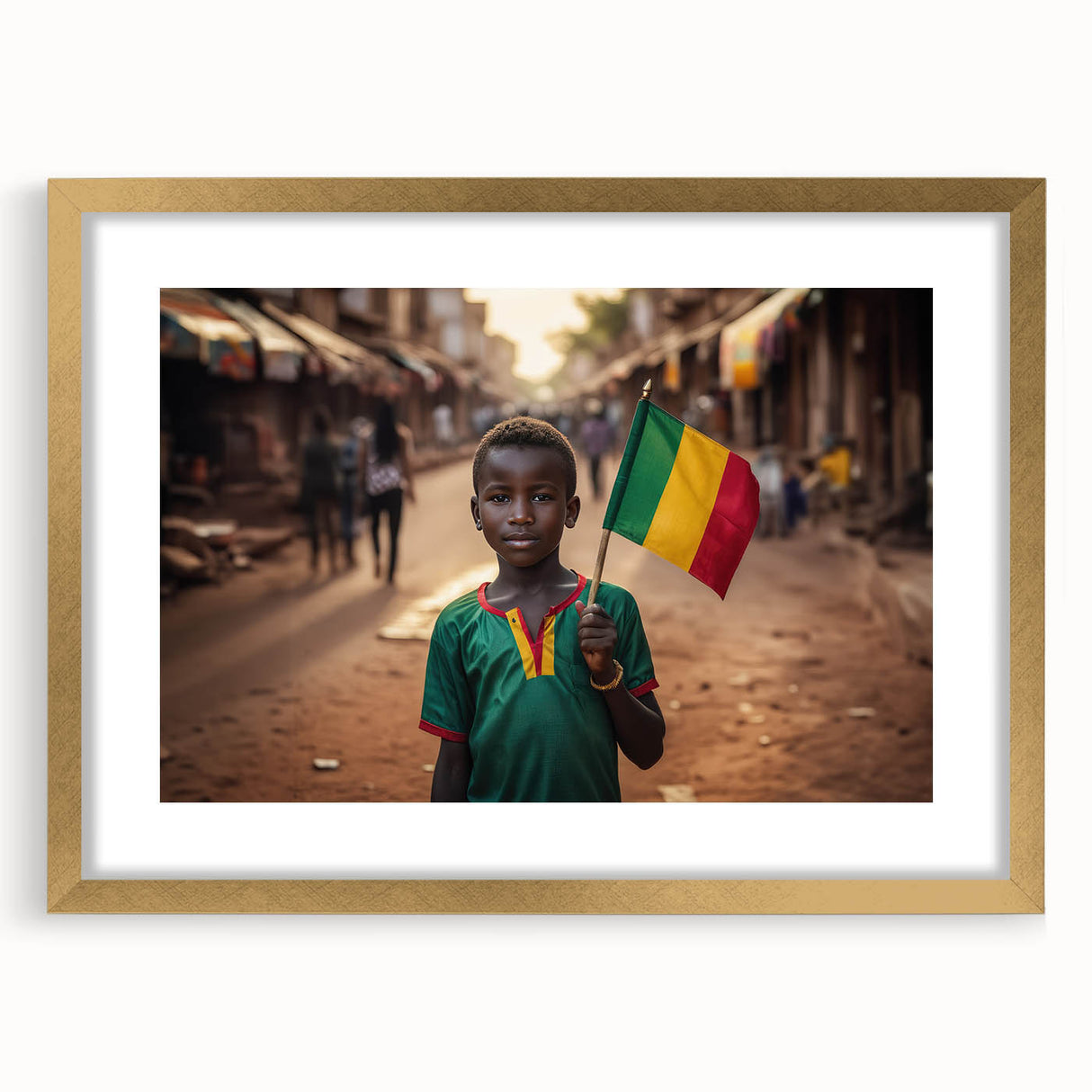 Textured abstract art print depicting a Mali scenery in earth tones on a gold-framed canvas, suitable for bedroom decor.