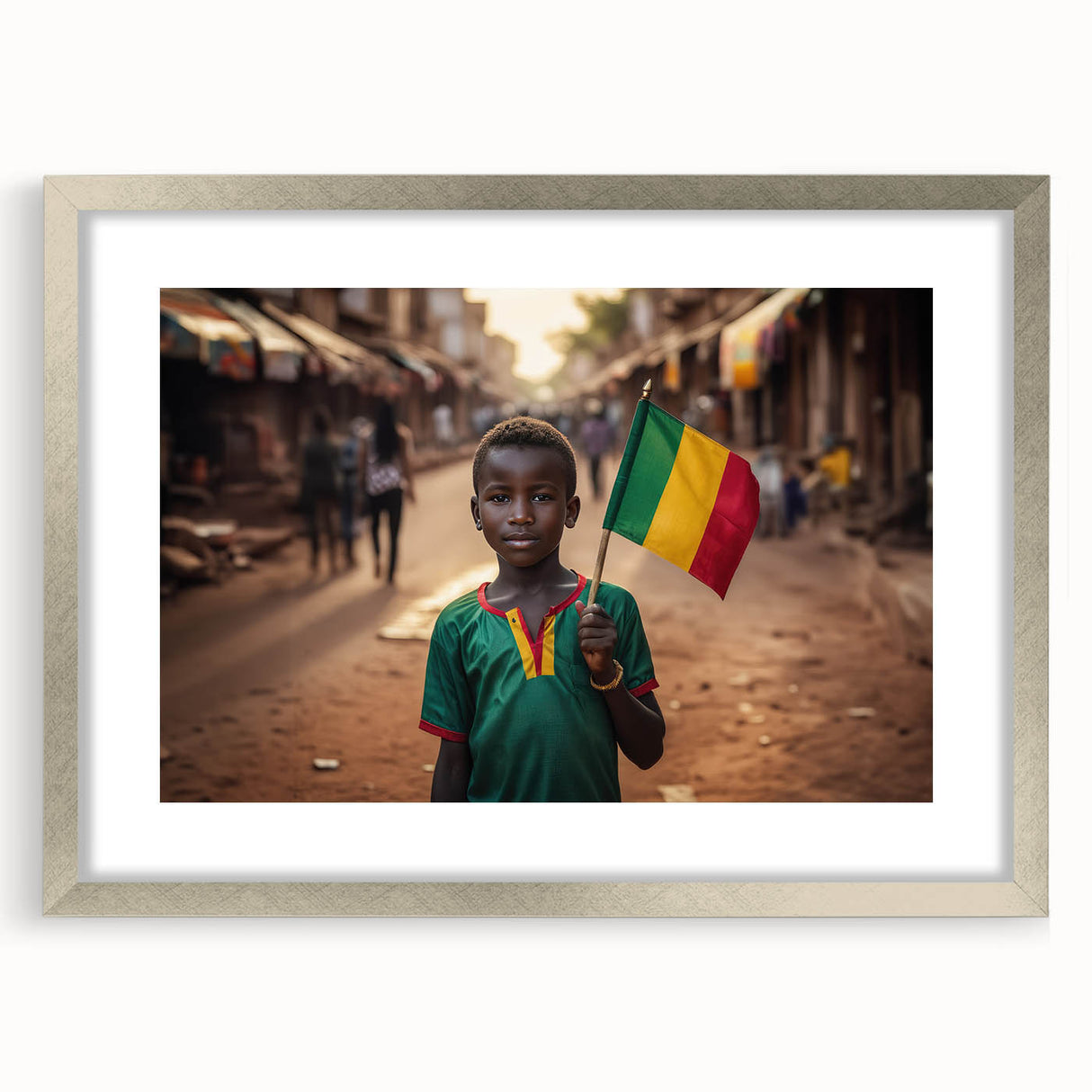 Abstract art print of a Mali scenery in muted earth tones on a framed canvas, suitable for dining room decor.