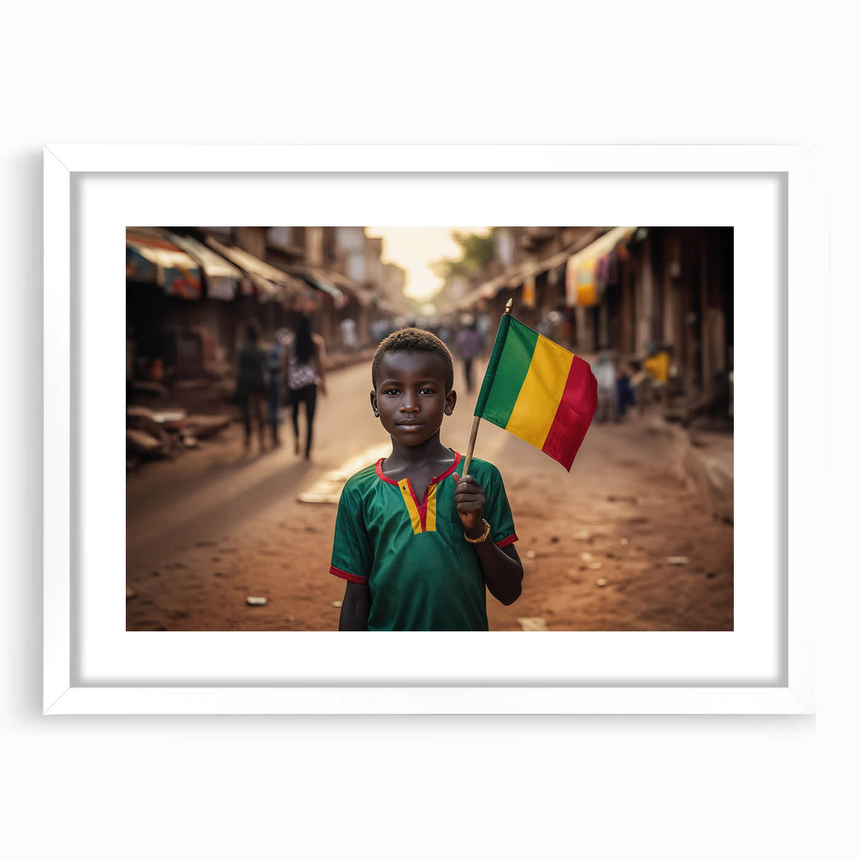 Extra large wall art featuring an abstract depiction of African scenery in earthy tones on a white framed canvas.