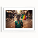 Extra large wall art featuring an abstract depiction of African scenery in earthy tones on a white framed canvas.