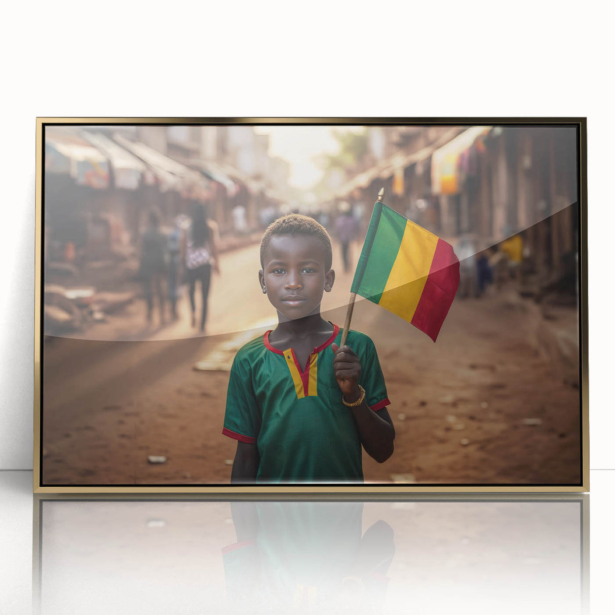 Mid-century modernist art depicting a Mali scenery in gold tones on a framed acrylic, ideal for nursery wall decor.