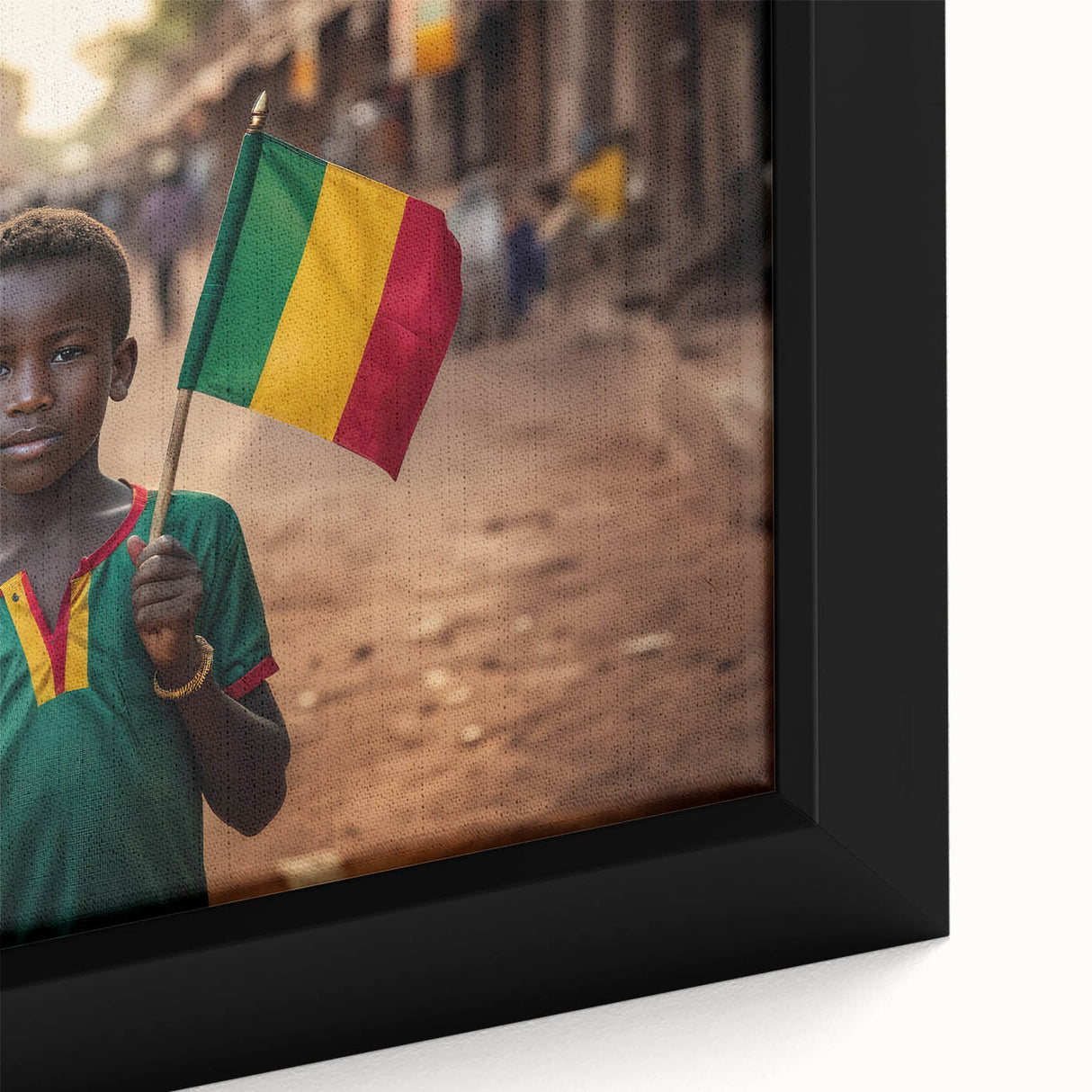 Extra large framed canvas featuring a textured depiction of a Mali scenery in vibrant colors, ideal for living room decor.