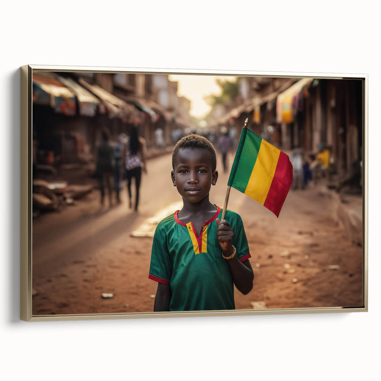 A vintage poster art of an African scenery on framed canvas, featuring vibrant, colorful art and gold accents.