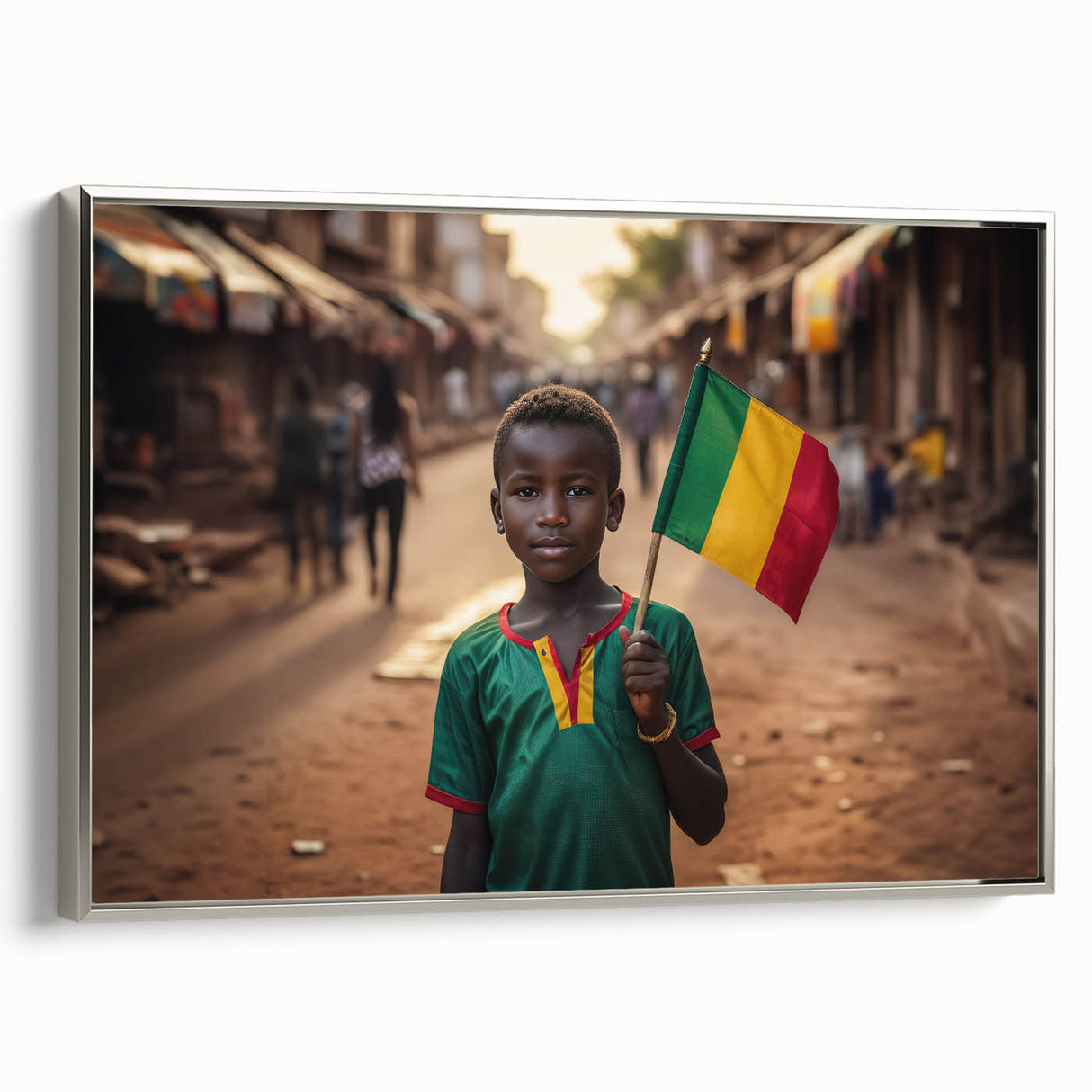 Framed canvas featuring a vintage-style Mali landscape in muted earth tones, ideal for bedroom wall decor.
