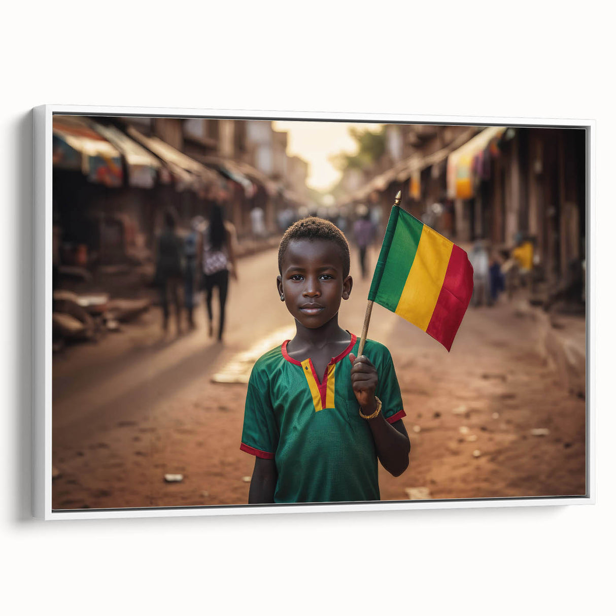 Framed canvas landscape art painting depicting a colorful Mali scenery, ideal for adding a vintage tone to black wall decor.