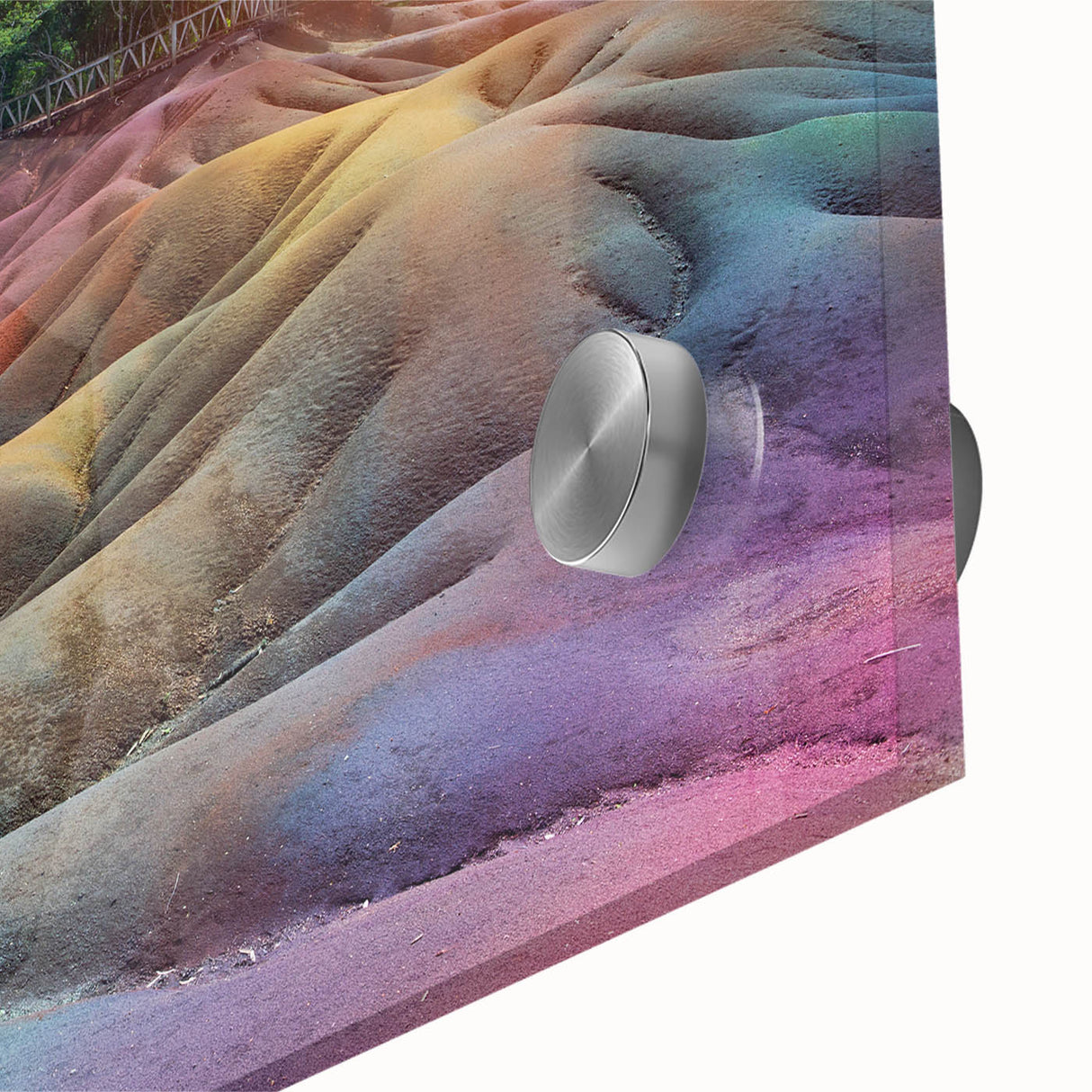 Large abstract wall art featuring a Mauritius landscape in muted tones on acrylic glass, ideal for dining room ambiance.