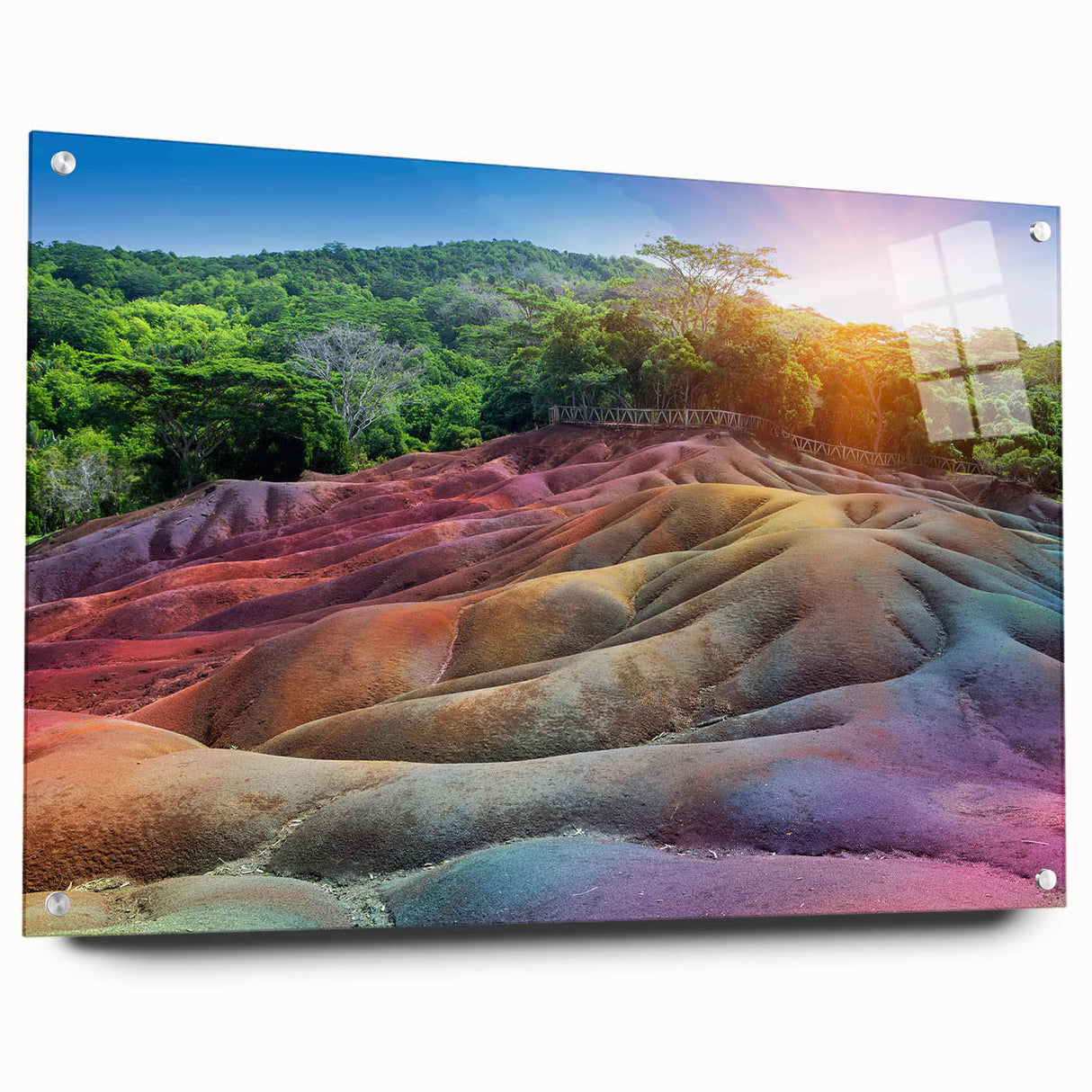 Large abstract wall art depicting a Mauritian landscape in muted earth tones, acrylic glass format.