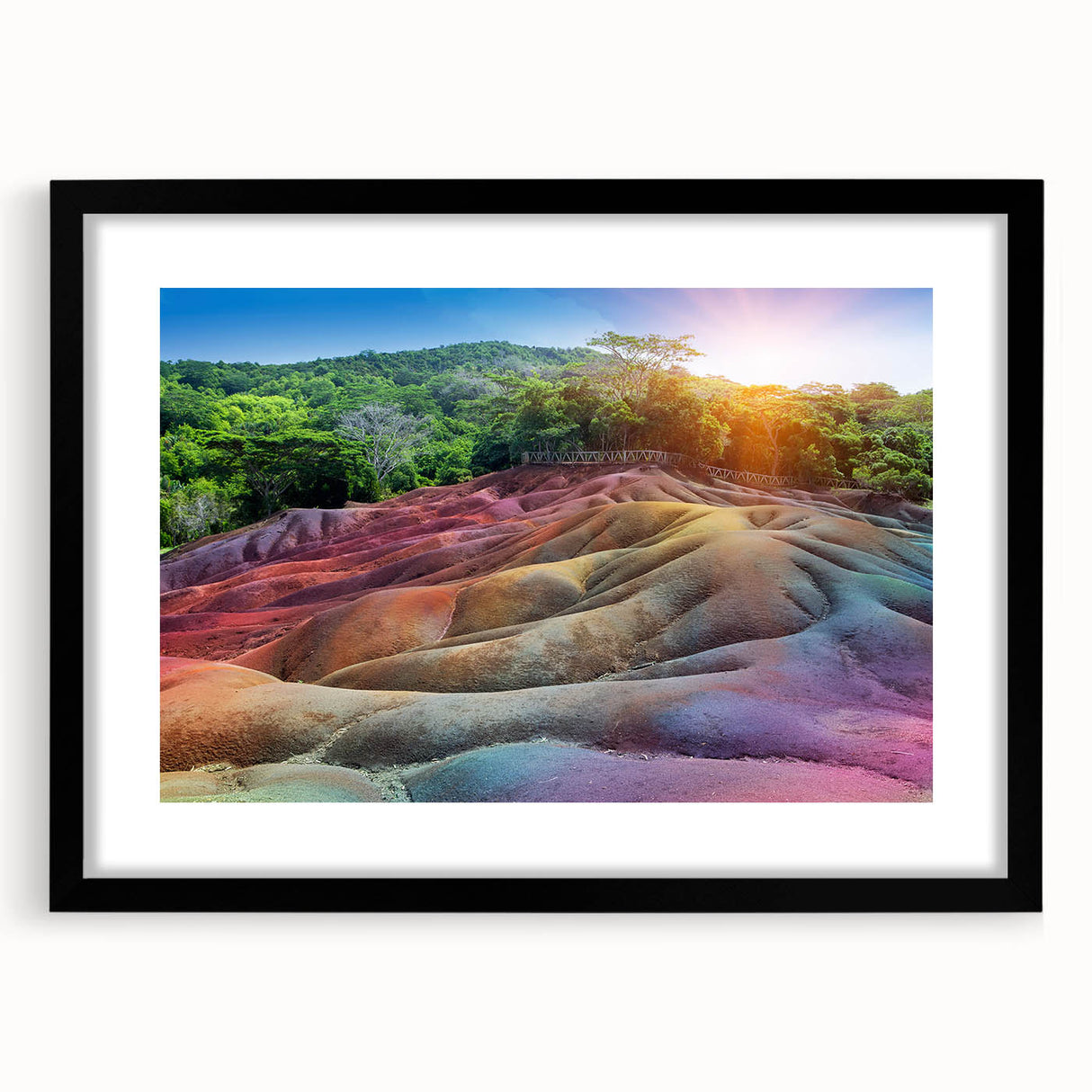 Extra large textured abstract art print of colorful Mauritian scenery on a framed canvas, ideal for living room decor.