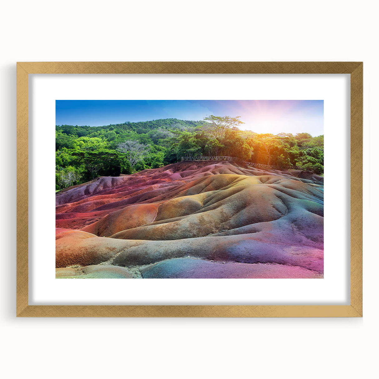 Textured art print of a Mauritian landscape in muted earth tones on a framed canvas, ideal for bedroom art.