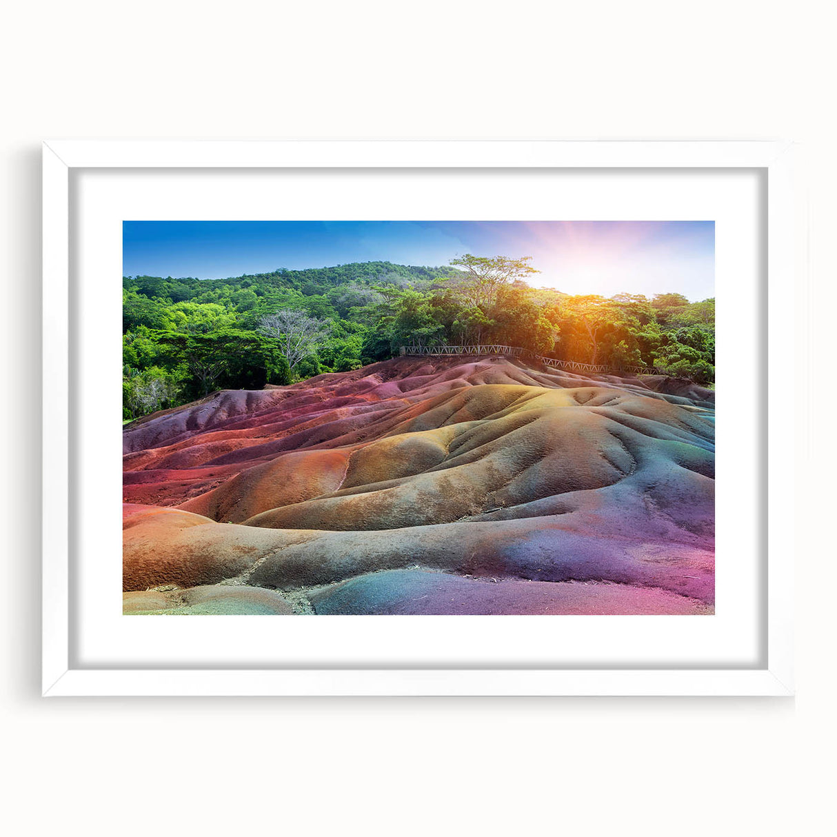 Extra large textured abstract art print depicting a Mauritian landscape on a white-framed canvas.