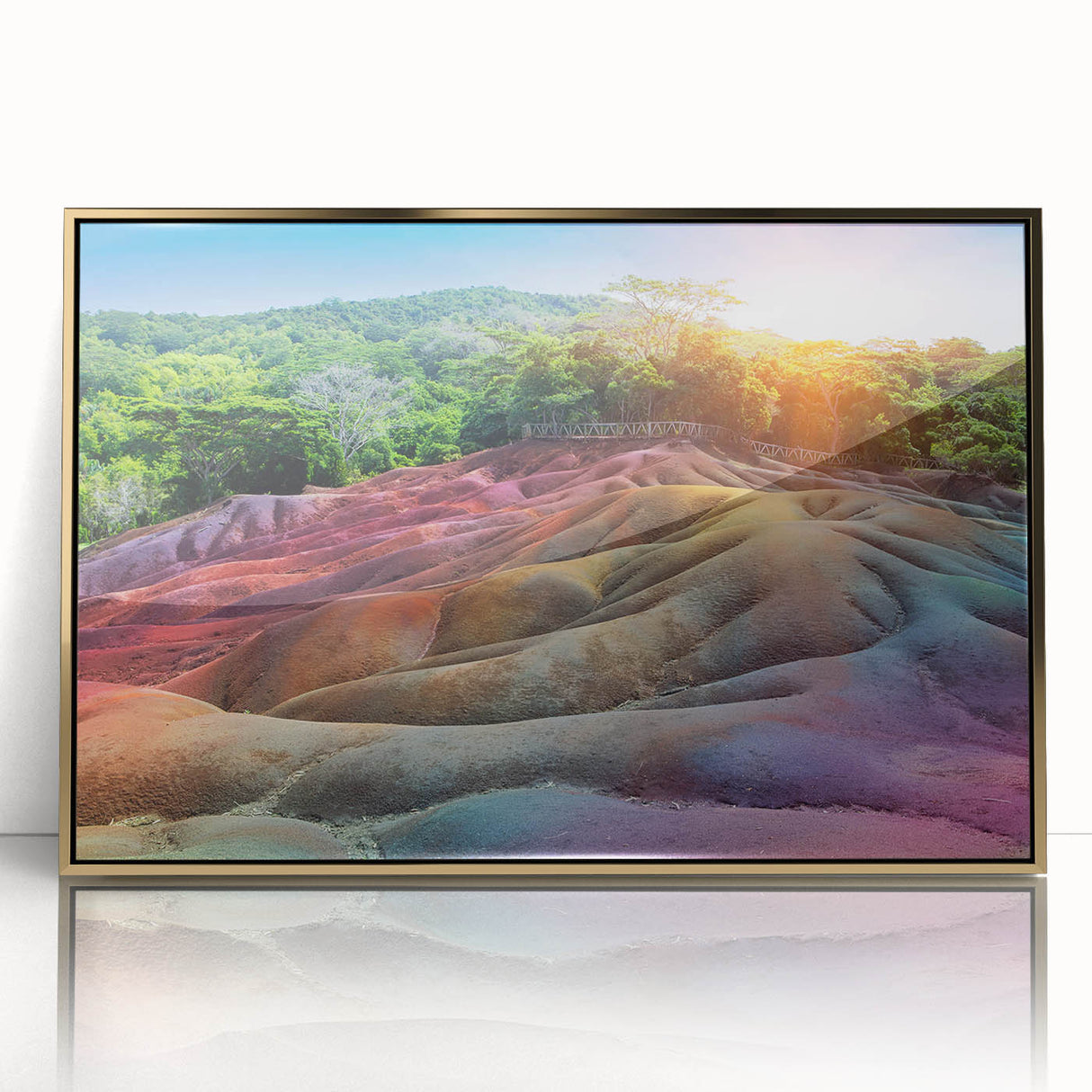 Mid-century modernist art of a Mauritius scenery in vibrant gold and green tones, acrylic framed, ideal for nursery wall art.