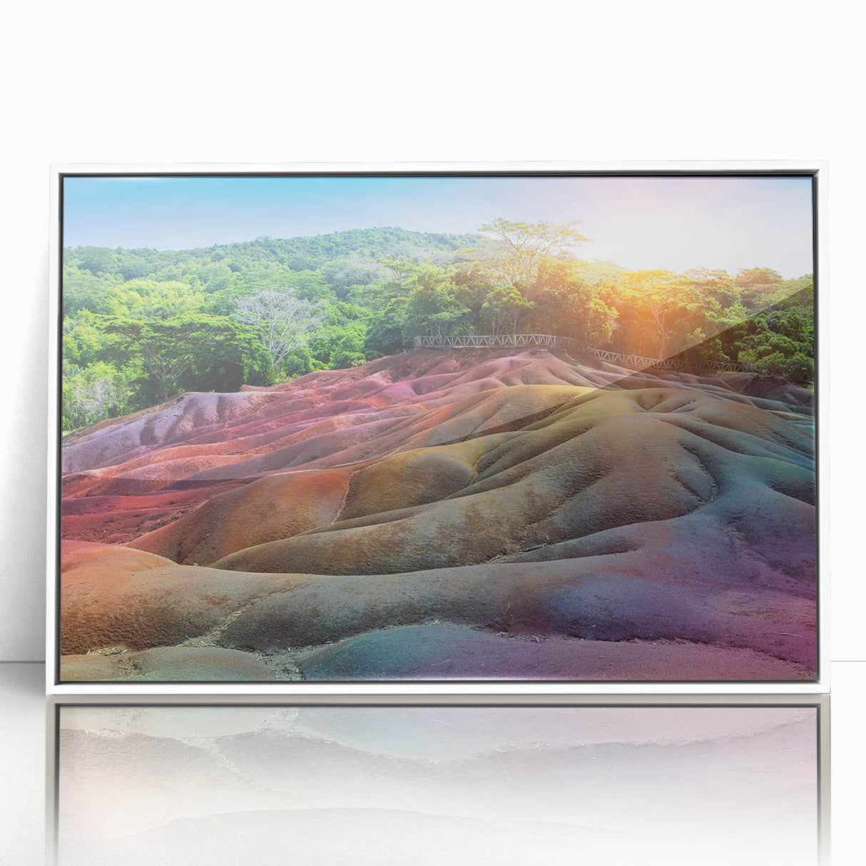 Framed acrylic print of a Mauritian landscape in muted earth tones, ideal for modern art wall decor.