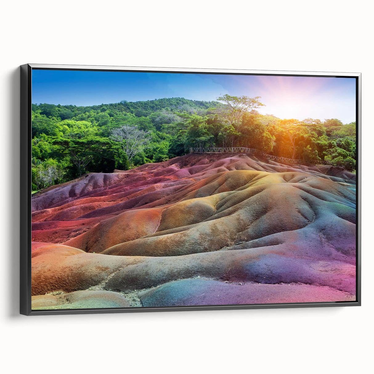 Black and white framed canvas of a Mauritius landscape, ideal for bedroom wall decor.