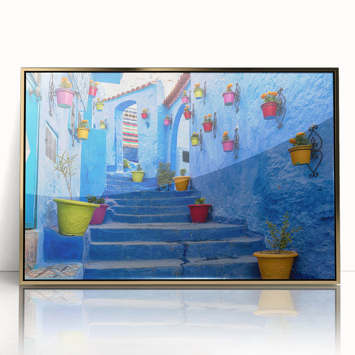 Mid-century modernist art depicting a Moroccan landscape in muted earth tones on a framed acrylic panel.