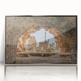 Mid-century modernist art depicting a Tunisian landscape in muted earth tones on a framed acrylic panel.