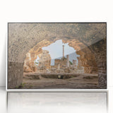 Art deco poster of a Tunisian landscape in muted earth tones, framed in white acrylic, ideal for modern art wall decor.