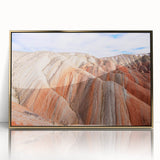 Acrylic print of an Asian-Azerbaijani landscape in gold frame, featuring mid-century modernist style.
