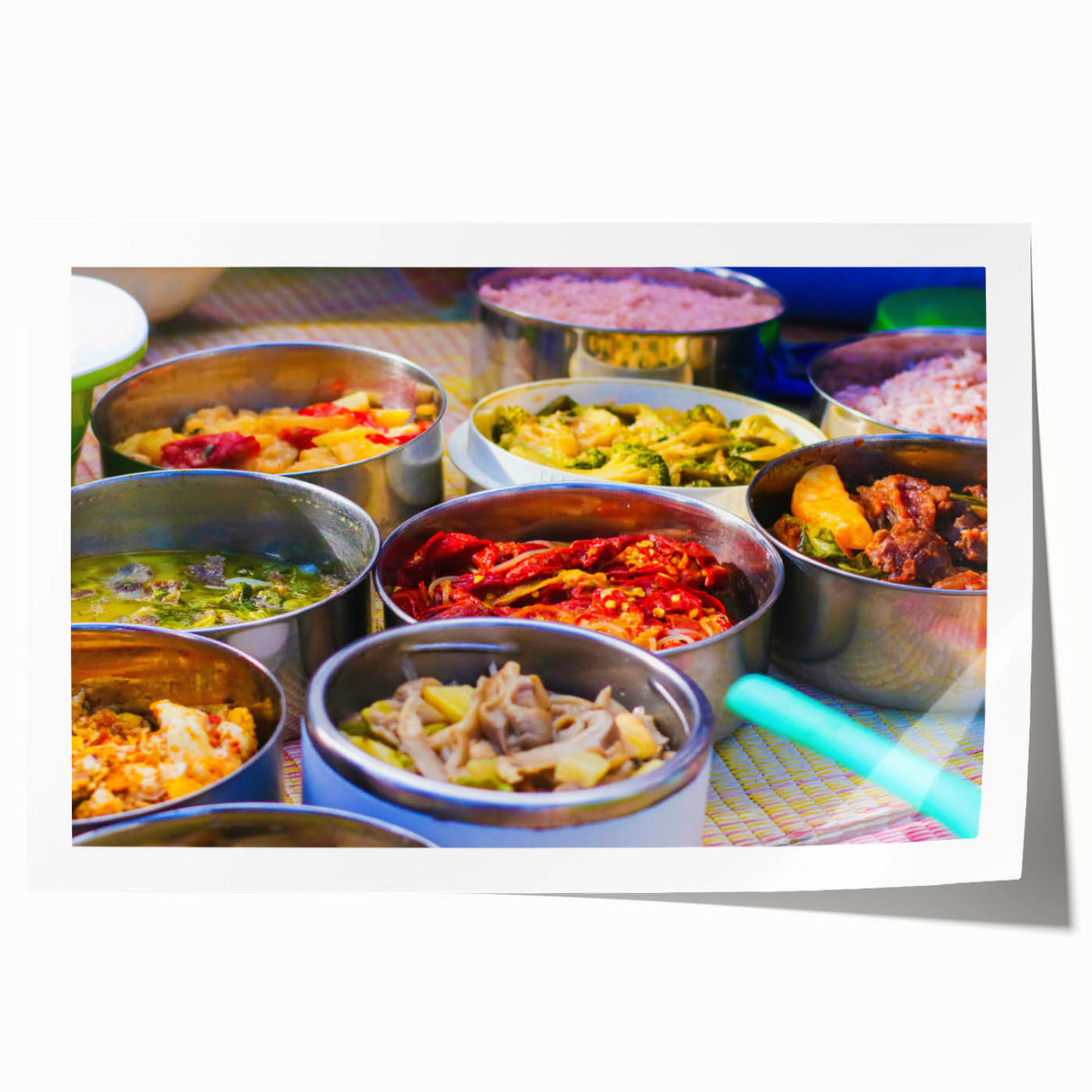 Large rolled print of a Bhutanese landscape with vibrant floral elements, ideal for art wall dining room.