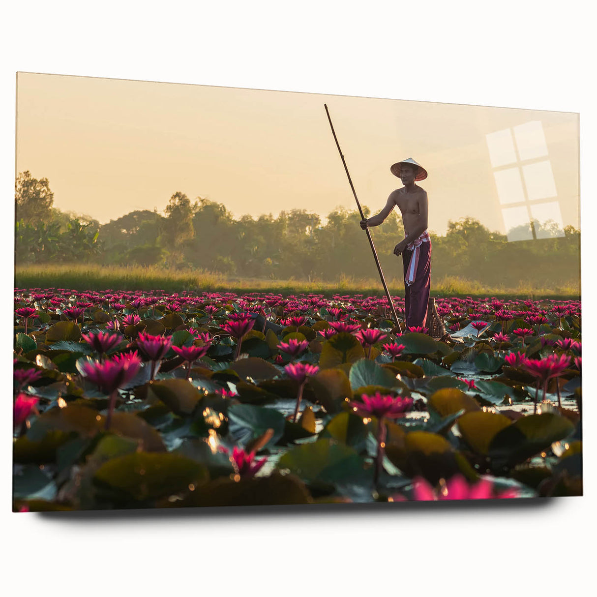 Large abstract wall art depicting a Cambodian scenery in muted earth tones on acrylic glass.