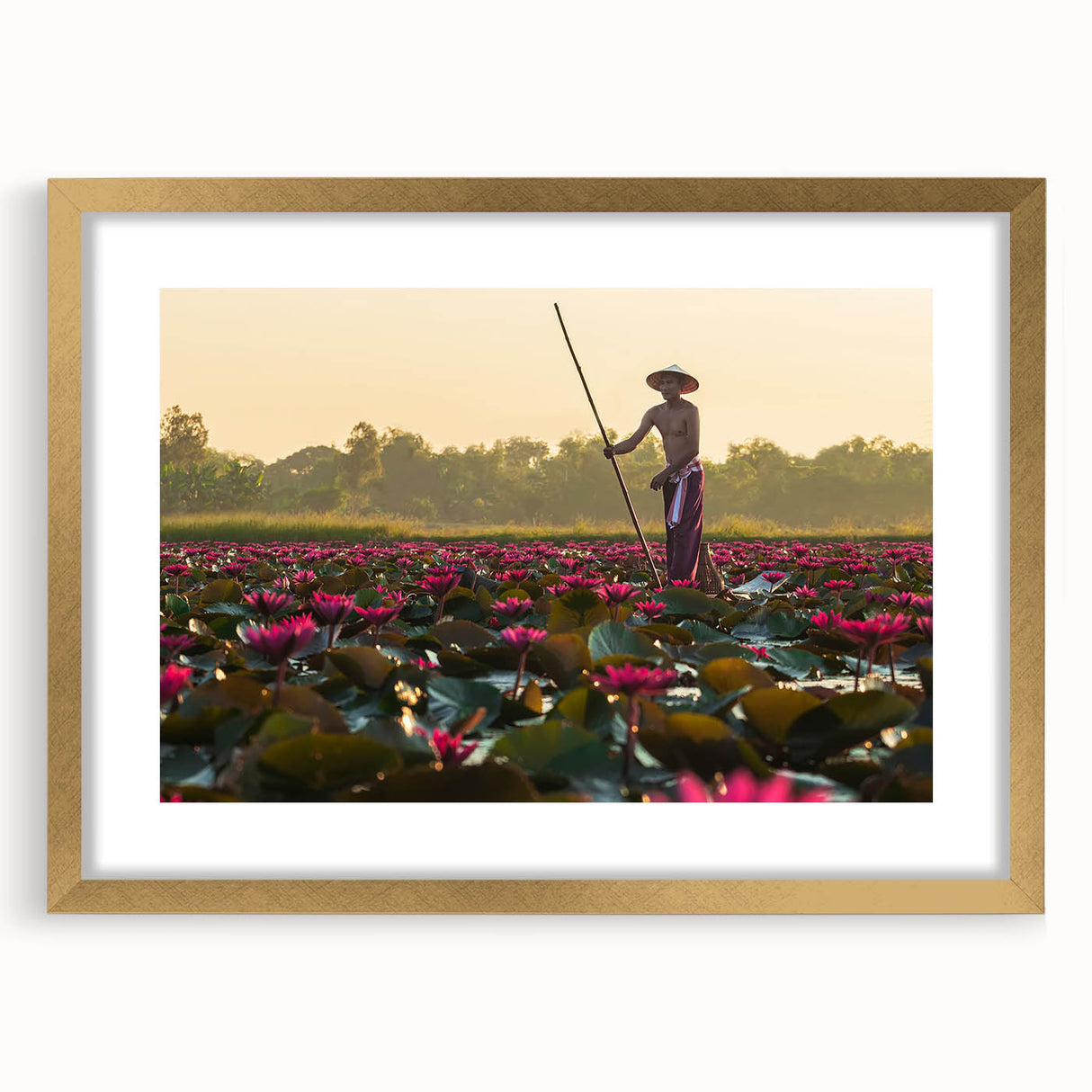 Extra large abstract art print of a Cambodian scenery in textured gold frame, ideal for living room decor.