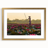 Extra large abstract art print of a Cambodian scenery in textured gold frame, ideal for living room decor.