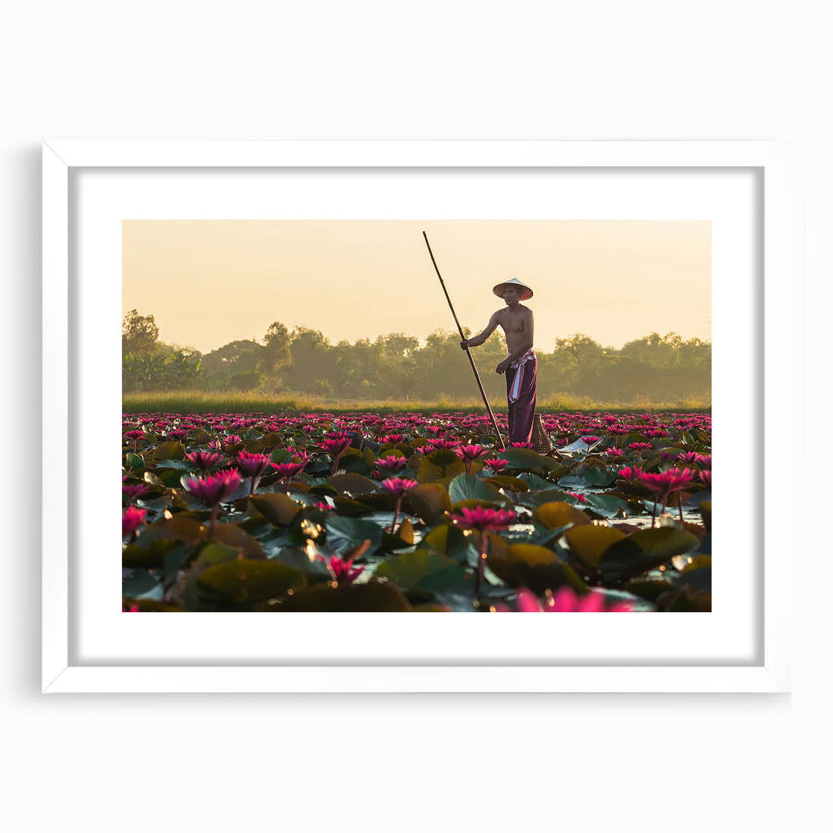 Abstract art print depicting a Cambodian landscape in muted earth tones on a framed white mat, ideal for dining room decor.