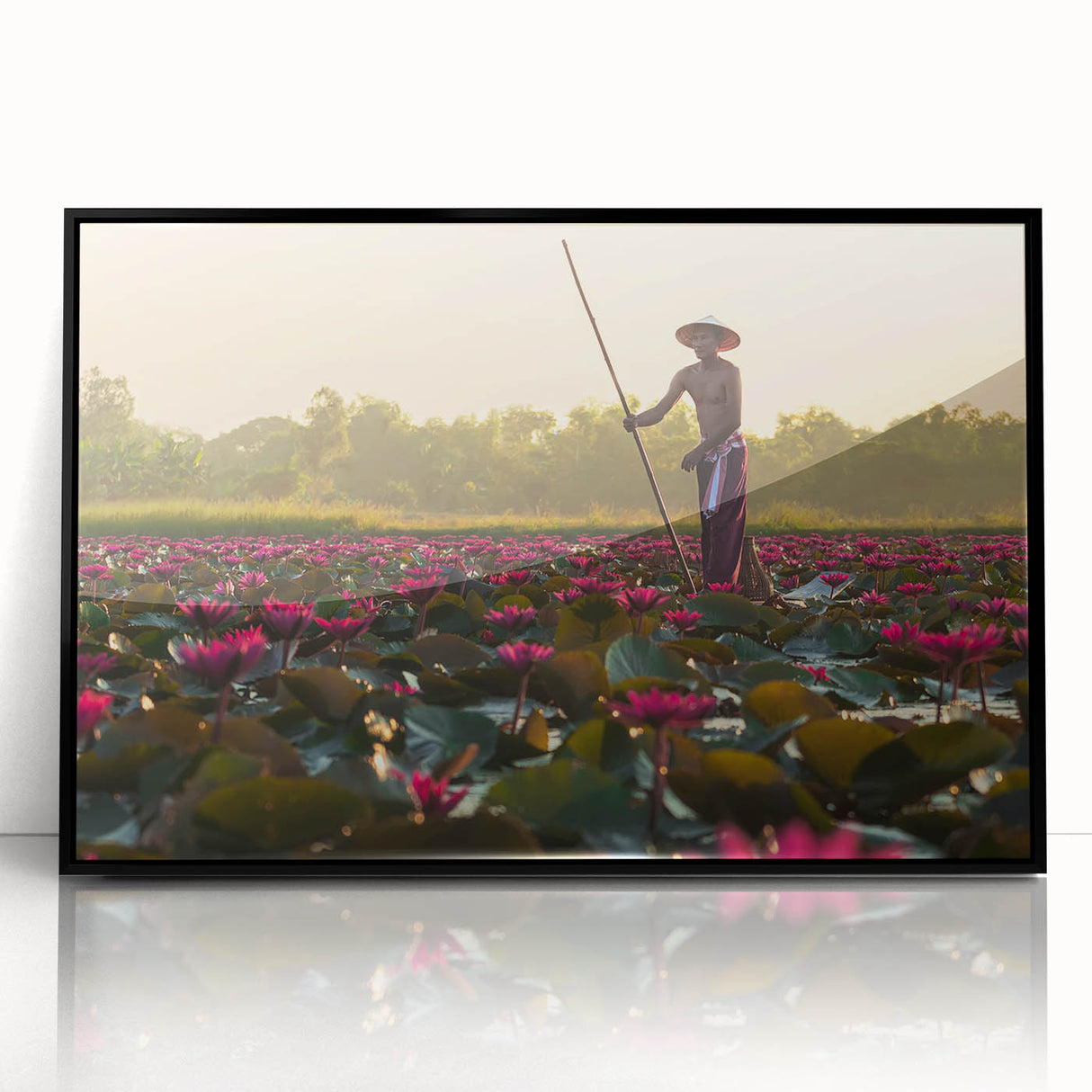 Large abstract wall art depicting a Cambodian landscape, in muted earth tones on a framed acrylic print.