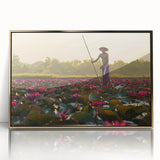 Large art print of a Cambodian landscape in muted earth tones, framed in gold acrylic, suitable for modern art wall decor.