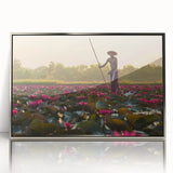 Mid-century modernist art depicting a Cambodian landscape in muted earth tones, framed in silver acrylic.