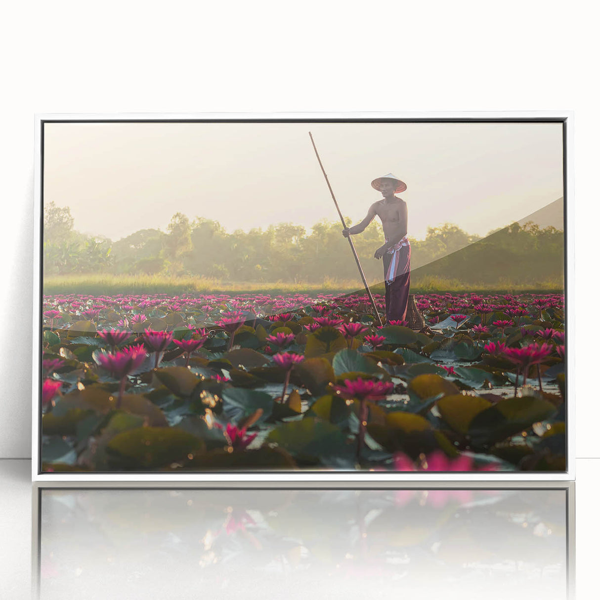 Acrylic print of a Cambodian landscape in art deco style with muted earth tones, ideal for modern art wall decor.