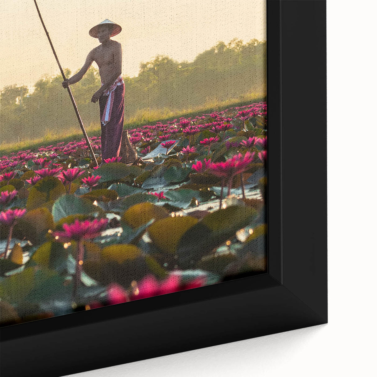 Extra large framed canvas featuring a textured, colorful Cambodian scenery in black, ideal for living room decor.