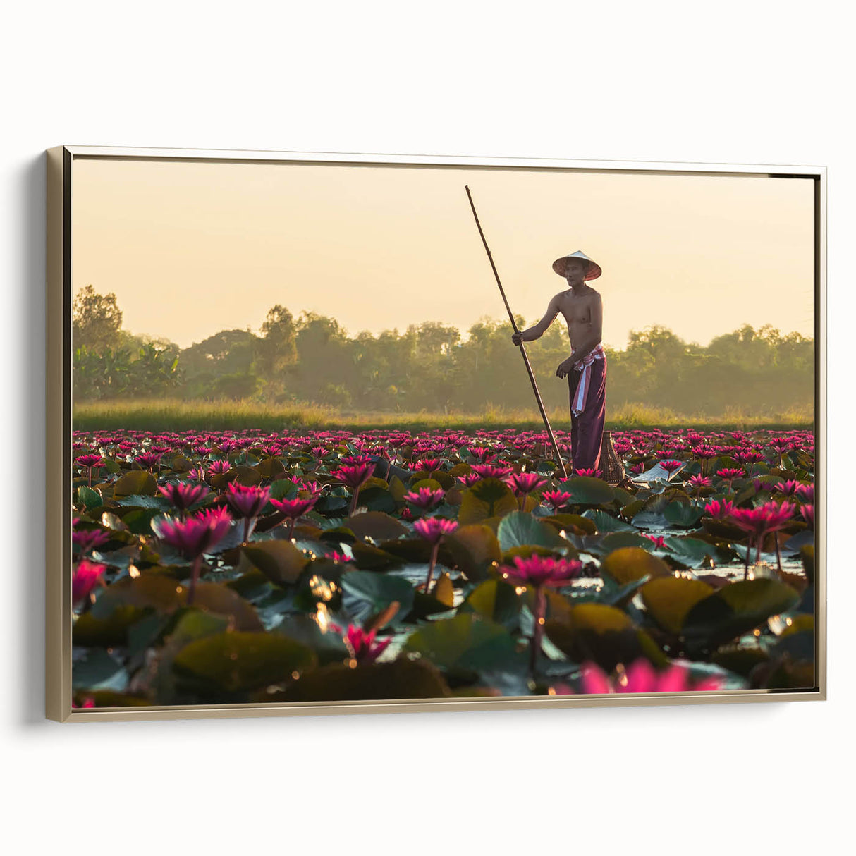 Vintage poster art of a Cambodian landscape on framed canvas, featuring gold and black tones, ideal for bedroom decor.