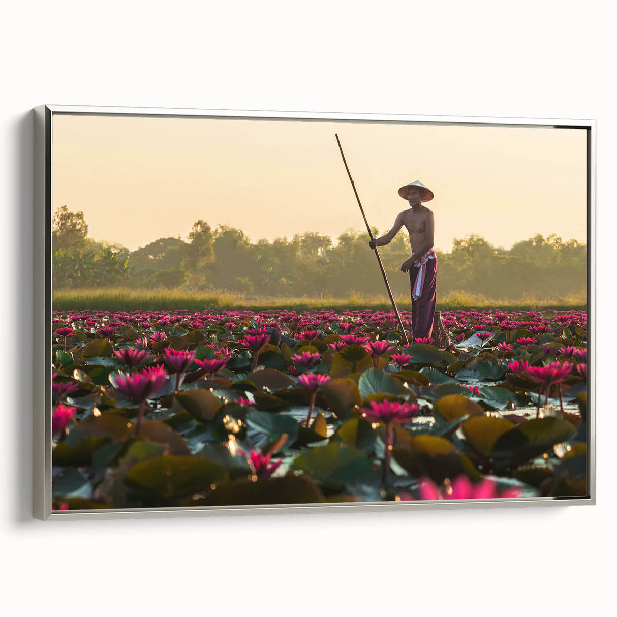 Framed canvas depicting a vibrant landscape of a Cambodian scenery in silver frame, suitable for living room decor.