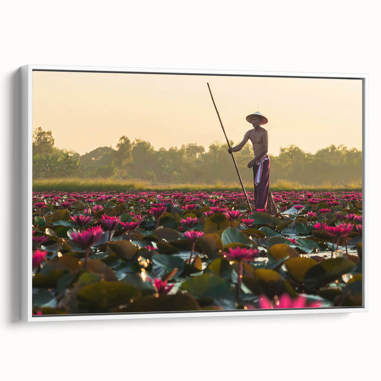 Vintage poster art of a Cambodian landscape on a framed canvas, featuring vibrant colors against a black background.