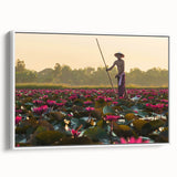 Vintage poster art of a Cambodian landscape on a framed canvas, featuring vibrant colors against a black background.