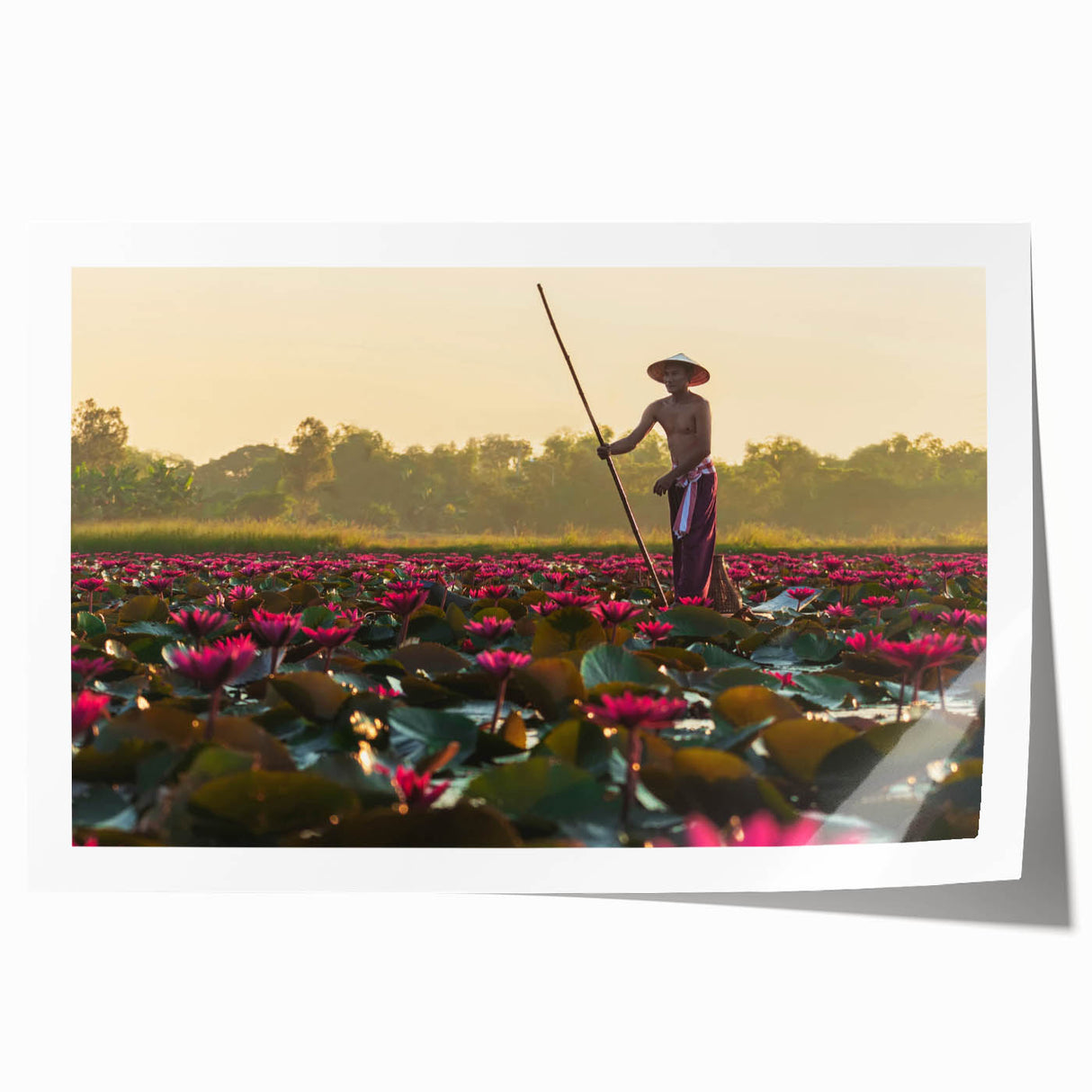 Extra large rolled print of a Cambodian landscape with lush greenery and temples, in muted earth tones.