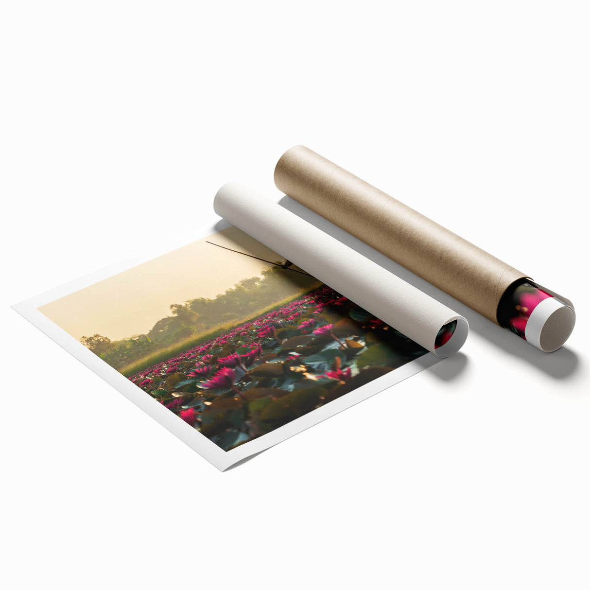 Extra large rolled print of a Cambodian scenery with lush floral elements in muted earth tones.