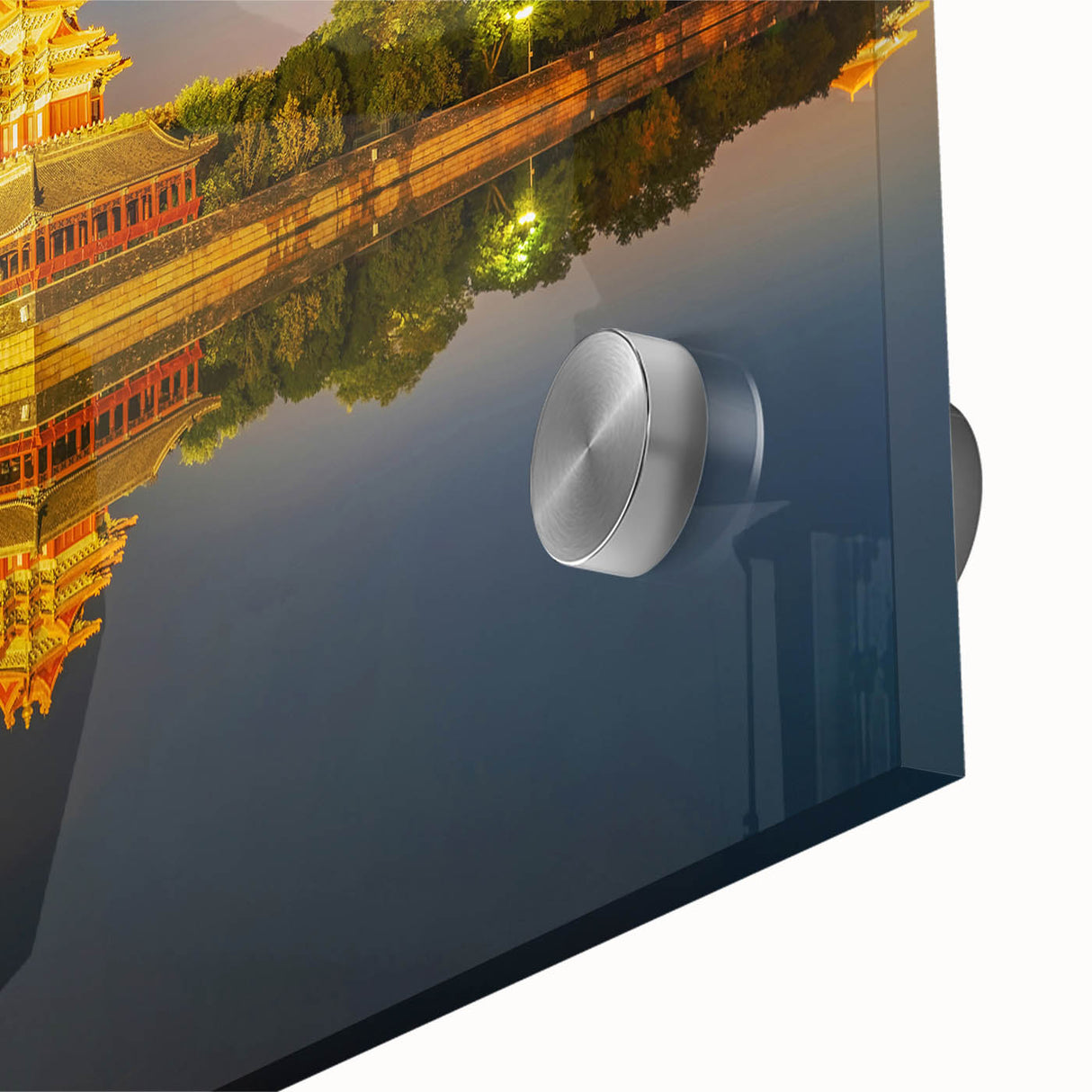Large abstract wall art depicting the Beijing skyline in muted blue and gray tones on acrylic glass.